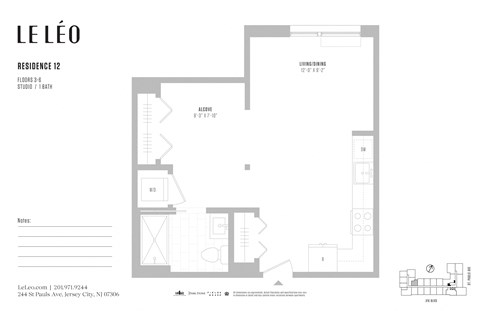 Floor plan for studio, 1 bath, 524 sqft